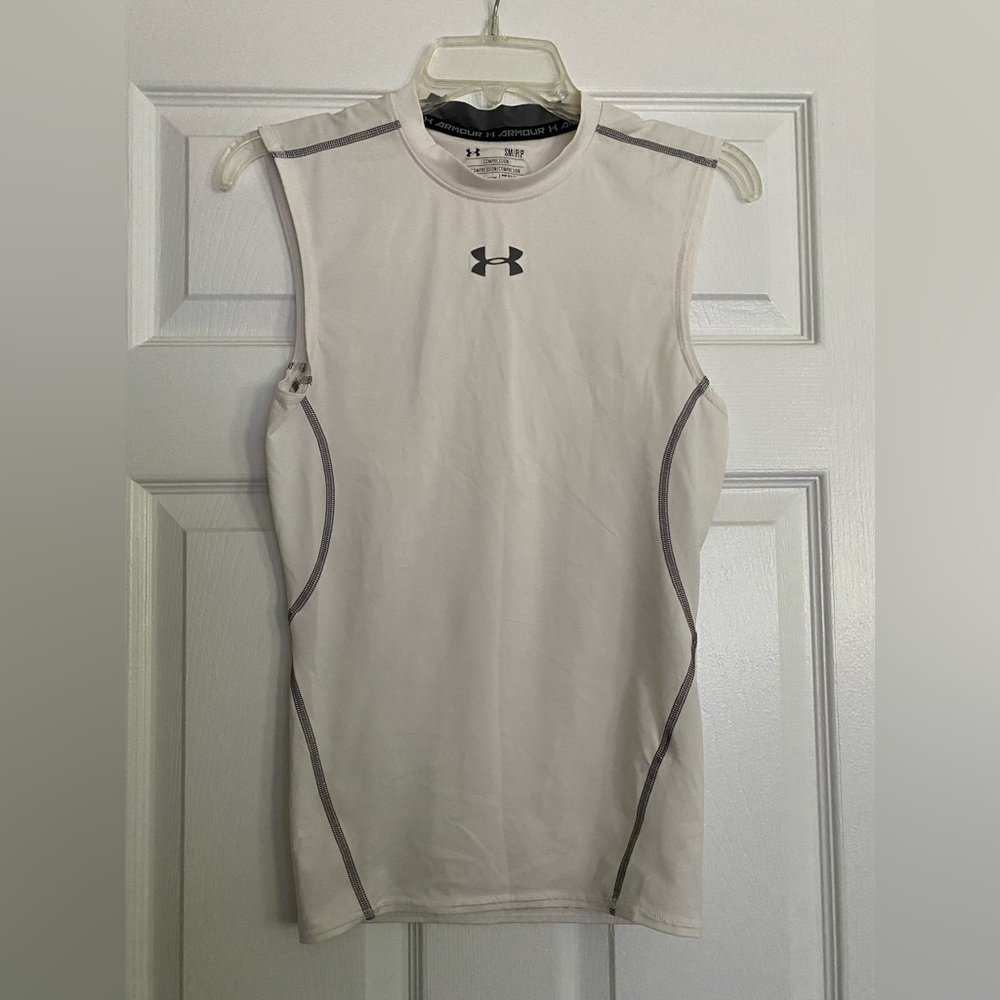 Under Armour White Sleeveless Compression Shirt with Gray Trim